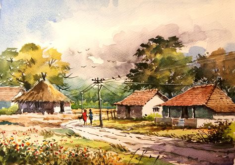 Watercolor - 300 GSM - handmade paper 자작나무 그림, Village Scene Drawing, Master Watercolor, Paintings Nature, Watercolor Scenery, Design Art Nouveau, Watercolor Art Landscape, Watercolor Paintings Nature, Watercolour Landscape