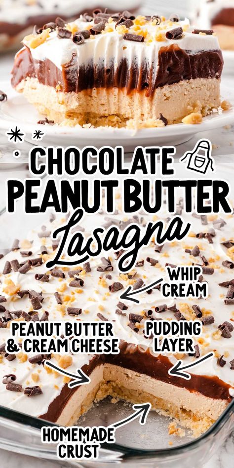 Creamy layers of creamy pudding, peanut butter, and cream cheese will make this chocolate peanut butter lasagna an instant favorite. Peanut Butter Lasagne, No Bake Peanut Butter Lasagna, Chocolate Peanut Butter Pudding Dessert, Chocolate Peanut Butter Lasagna Recipe, Peanut Butter And Cream Cheese Recipes, Peanut Butter Lasagna Desserts, Sunday Deserts, Desert Lasagna, Peanut Butter Chocolate Lasagna