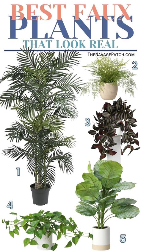 Best Faux Plants That Look Real - TheNavagePatch.com How To Decorate With Artificial Plants, Faux Patio Plants, Realistic Fake Plants, Faux Plants Bedroom, Potted Plants Around Pool, Big Fake Plants, Best Faux Plants, Best Fake Plants, Best Artificial Plants