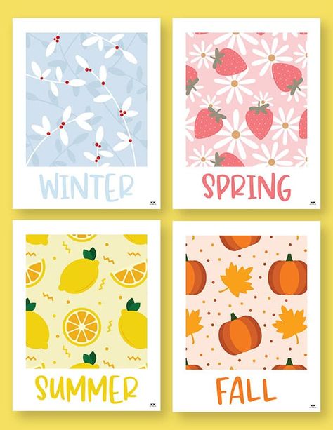 Choose from 51 unique four seasons worksheets and printables to both learn the seasons and display them in your classroom. 100% FREE! Season Illustration Design, Season Posters Preschool, Seasons As People, Seasons Posters Classroom, 4 Seasons Mural, Four Seasons For Kindergarten, Seasons Chart, Road Poster, Seasons Poster