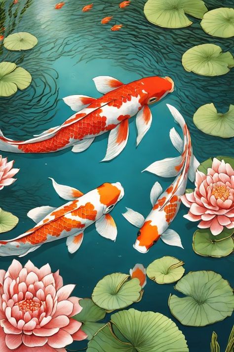 Koi Pond Serenity Check more at https://paintlyx.com/koi-pond-serenity/ Pond Crafts, Traditional Illustration, Asian Things, Koi Art, Koi Fish Pond, Watercolor Landscape Paintings, Fish Pond, Koi Pond, Cool Art Drawings