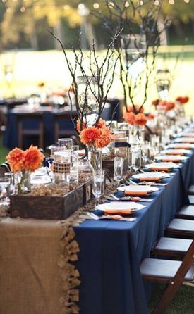 Golden Christmas, Wedding Colors Blue, Burlap Wedding, Navy Blue Wedding, Orange Wedding, Fall Wedding Colors, Navy Wedding, Long Table, Mod Wedding