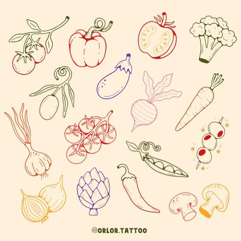 cute and fun veggie flash available for handpoke! 🌶️🥕🫒🧄🍅🧅🥦🍆🫛 available to tattoo in black ink or colour ink. swipe to see colour ideas! :) message me or enquire or use the link on my profile for my booking form to book I always do discounts when you book more than one design in a session! prices start from £60 @harmlesstattoo Braintree, Essex #handpoke #handpoketattoo #stickandpoke #veggietattoo #foodtattoo #funtattoo #essextattoo #hertfordshiretattoo #suffolktattoo Tomato Stamp Tattoo, Simple Food Tattoo, Fruit And Vegetable Tattoo, Green Onion Tattoo, Fine Line Food Tattoo, Fruit Flash Tattoo, Tiny Filler Tattoos, Vegetables Tattoo, Veggie Tattoo