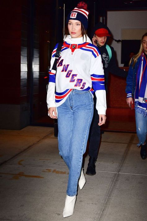 And Now, Here’s How Gigi and Bella Dress for a Hockey Game Hockey Game Outfits, Event Fits, Dodgers Outfit, Hockey Game Outfit, Baseball Jersey Outfit, Hockey Outfits, Super Bowl Outfit, Gigi And Bella, Game Outfit