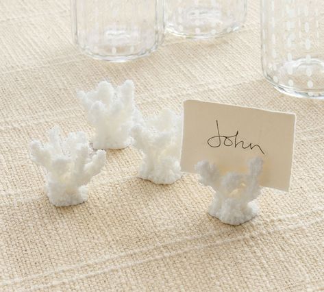 White Coral Place Card Holders - Set of 4 | Pottery Barn Coastal Wedding Centerpieces, Wood Napkin Rings, Wood Bunny, Bunny Napkins, Name Place Cards, Construction Crafts, Coral Wedding, Table Cloths, Cloth Napkin