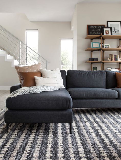 Charcoal Sofa Living Room, Charcoal Couch, Dark Grey Couch Living Room, Gray Sofa Living, Dark Grey Couches, Sofa Rug, Grey Sofa Living Room, Black Couches, Grey Couch Living Room