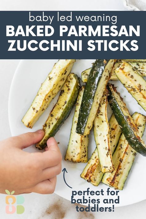 These oven-baked parmesan zucchini sticks coated with a simple Italian seasoning and parmesan blend are a delicious family side dish that is great for baby led weaning and toddlers. (gluten-free) Chicken For Baby Led Weaning, Zucchini For Toddlers, Babyled Weaning Recipes, Toddler Zucchini Recipes, Zucchini For Babies, Baby Led Weaning 6 Months Recipes, Zucchini Baby Led Weaning, Blw Zucchini Recipes, Zucchini Recipes For Baby