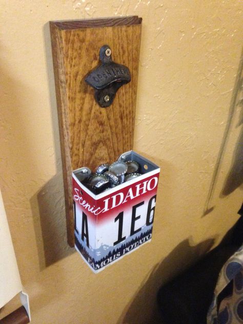 Homemade bottle opener with Idaho license plate! Homemade Bottle Opener, Crafts With License Plates, Diy License Plate Ideas, Licence Plate Ideas, Old License Plate Ideas, License Plate Crafts Projects, License Plates Diy, License Plate Ideas, Diy Bottle Opener