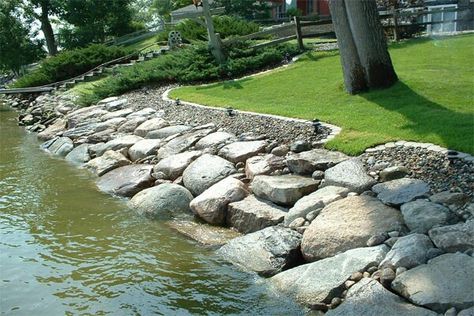 Lakeshore riprap with a nice flat stone stair. Lake Landscaping, Lake Minnetonka, Lakefront Living, Lakeside Living, Pond Landscaping, Erosion Control, Front Landscaping, Rock Rock, Lake Living