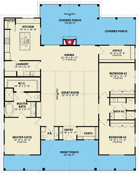 This rustic one-story country craftsman house plan has a board and batten exterior with timber accents and gives you 3 beds, 2.5 baths and 2,270 square feet of heated living.  Past the foyer with coat closet, the spacious great room with a vaulted and beamed ceiling unfolds. Two sets of sliding doors open to rear porch with outdoor fireplace which extends your enjoyment to the outdoors. A home office with views to the back is tucked away in the back-right corner. A well-appointed kitchen ha 60s Floor Plans, House Plans With Storage Room, Closed Concept Kitchen House Plans, Open Kitchen And Living Room Floor Plans, One Level House Plans Open, One Story Cottage House Plans, Luxury One Story Homes, One Story Floor Plans, Closed Kitchen Floor Plans