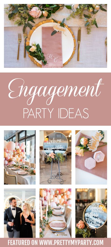 Valentine’s Day Engagement Party Valentines Engagement Party Ideas, Engagement Party Rose Gold, Rose Gold Engagement Party Ideas, Rose Gold Engagement Party Decorations, Engagement Dinner Ideas Decor, Engagement Party Tablescape, Simple Engagement Party Decor, Engagement Party Ideas Themes Spring, Engagement Centerpiece Ideas