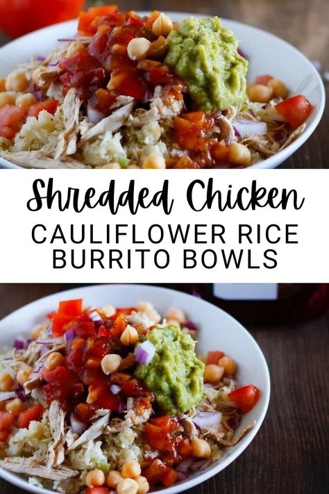 A quick and delicious go-to chicken burrito bowl perfect for any night of the week! Rice Burrito Bowl, Shredded Chicken Burrito, Chicken Cauliflower Rice, Rice Burrito, Spicy Guacamole, Chicken Cauliflower, Chicken Burrito, Peach Salsa, Chicken Burrito Bowl