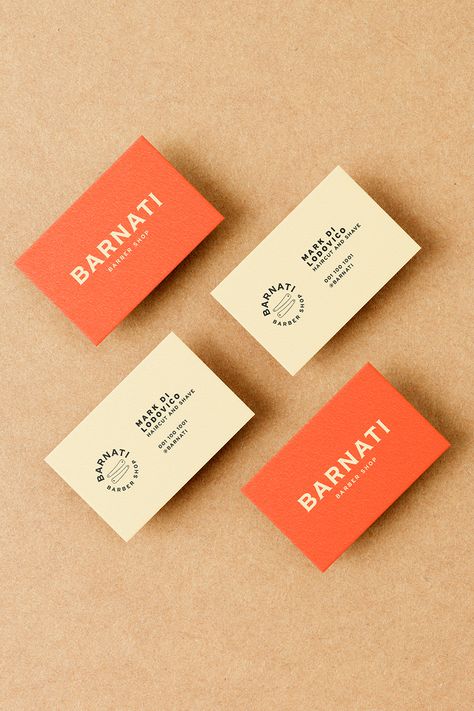 Retro vibe but with a modern twist! An artistic business card design by Andreza Soares for Barnati, a barber shop with an old but modernized footprint and focused on providing quality service in a welcoming environment for customers. #businesscards #branding #identity #graphicdesign #brandinspiration #branddesign #namecards #typography #wordmark #businesscard #businesscarddesign Business Card One Side, Barber Shop Branding, Nice Business Cards, Name Card Design Business, Shop Card Design, Retro Brand Identity, Barber Branding, Artist Business Cards Design, Barber Shop Business Cards