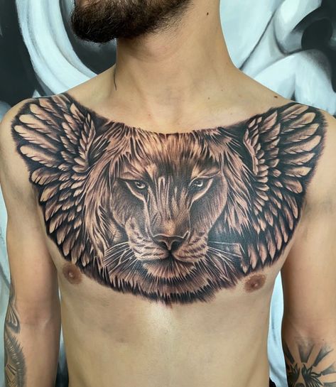 Wing and Lion Tattoo Chest Lion Tattoo, Lion Chest Tattoo, Lion With Wings, Lion Tattoo Ideas, Tattoo Koi, Winged Lion, Lion Tattoos, Lion Tattoo Design, Wings Tattoo