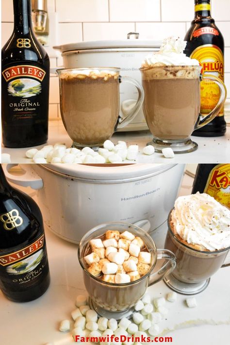 Alcoholic Hot Chocolate Recipes, Hot Chocolate Baileys, Alcoholic Hot Chocolate, Baileys Recipes Drinks, Baileys Hot Chocolate, Spiked Hot Chocolate Recipe, Kahlua Hot Chocolate, Crock Pot Hot Chocolate Recipe, Crockpot Drinks