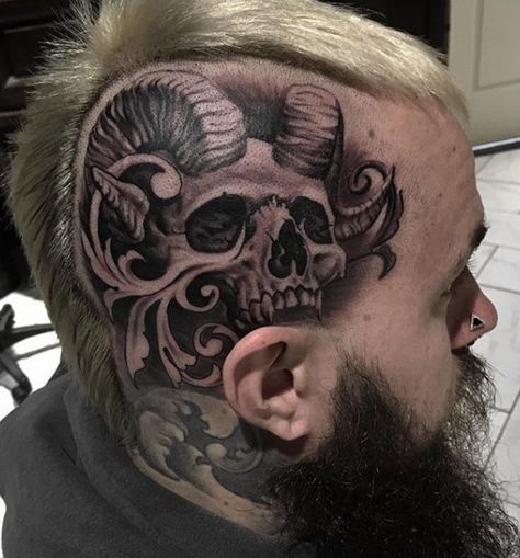 Face Tattoo Men Black, Temple Tattoo Face, Skull With Horns Tattoo, Skull Head Tattoo, Cool Face Tattoos, Horns Tattoo, Head Tattoo Design, Tattoo Crane, Satanic Tattoos