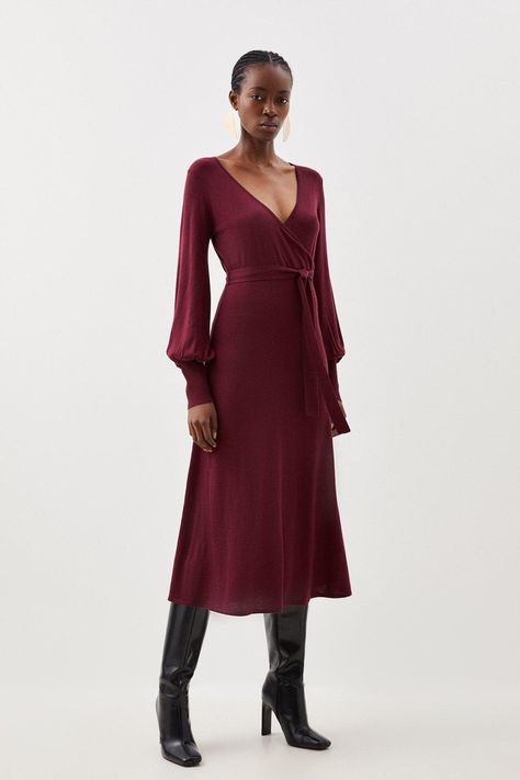 Exude elegance in this dress, encapsulating a feminine touch with long cuffed sleeves and a wrap style bodice, while luxury cashmere delicately falls to a midi hemline. Finished with a self-tie belt, pair this piece with barely-there heels for party wear that promises compliments.Midi hemlineLong cuffed sleevesCashmere fabricWrap style Heels For Party, Aesthetic Closet, Pretty Clothing, Fall Floral Dress, Midi Dress Fall, Knit Wrap Dress, Cashmere Fabric, Party Dress Long Sleeve, Autumn Dress