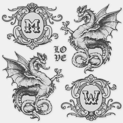 Monogram Fantasy Medieval Dragon Ornate Frames Sticker | Zazzle.com Dragon Medieval, Ornate Frames, Medieval Dragon, 1 Tattoo, Fantasy Theme, Antique Illustration, Flash Art, Ornate Frame, Medieval Art