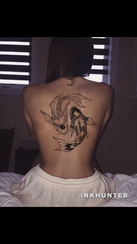 Fish Back Tattoo, Koi Fish Back Tattoo, Koi Tattoo Design, Spine Tattoos For Women, Tattoos For Black Skin, Fish Tattoo, Stomach Tattoos, Thigh Tattoos Women, Classy Tattoos