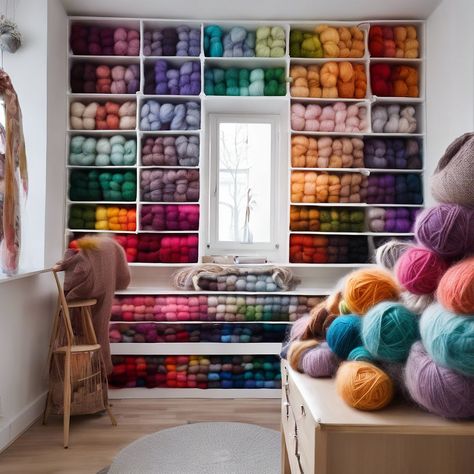 How to Create a Knitting Room with an IKEA Kallax Unit and Inserts Cute Yarn Storage Ideas, Ikea Yarn Storage, Craft Room Yarn Storage Ideas, Yarn Wall Storage, Yarn Storage Wall, Knitting Room Ideas, Yarn Storage Ideas Small Spaces, Yarn Organization Ideas, Yarn Storage Ideas