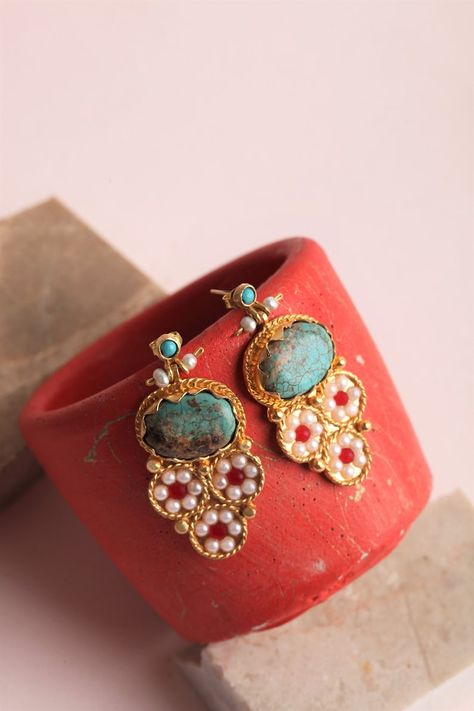 Handmade Turquoise Earrings, Dangling Earrings, Handmade Earrings, Gold Earrings, Turkish Jewelry, Pearl Earrings Jewelry Pearl Earrings, Handmade Turquoise Earrings, Pomegranate Earrings, Byzantine Jewelry, Pomegranate Jewelry, Small Atelier, Bridal Jewelry Sets Brides, Jewellery Women, Fancy Boxes