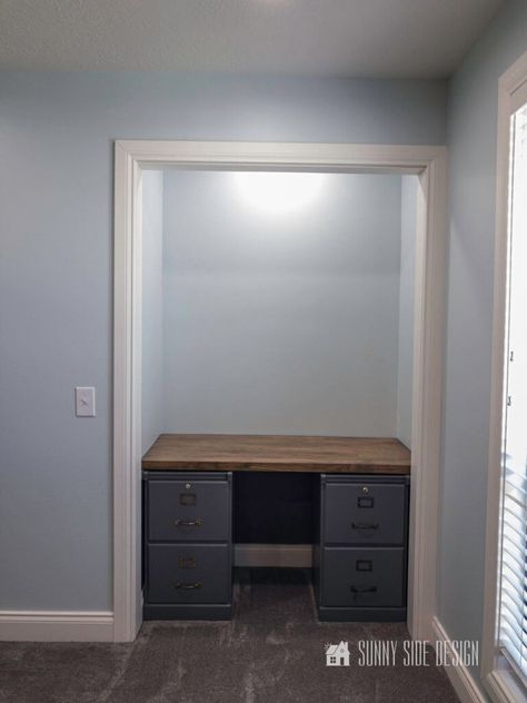 Cloffice: How to Make an Office in a Closet | Sunny Side Design Drop Down Desk In Closet, Closet Into Office, Desk In Closet Ideas, Desk In Closet, Office In A Closet, Work Space At Home, Cloffice Ideas, Fabric Starch, Drop Down Desk