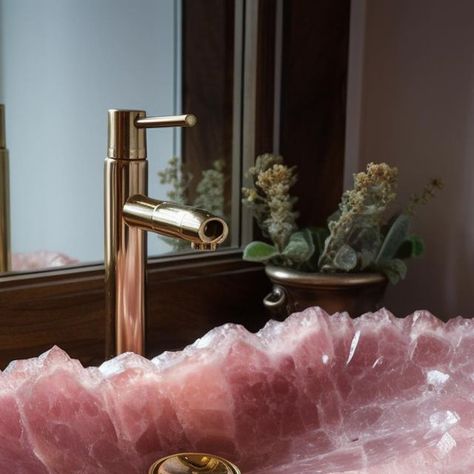 house_of_stone_design on Instagram: "💫💖Which one will you choose to wash your face with every day? 💖💫 This rose quartz sink is my magical beauty secret - washing my face with it will be a step towards becoming more beautiful 🤣✨Lol #rosequartz #rosequartzbowl #crystalenergy #heartchakrahealing #crystalshop #aiart #midjourney #witchyvibes #homedecor #homesweethome" Rose Quartz Sink, Rose Quartz Countertops, Rose Quartz Bathroom, Grey Marble Bathroom, Quartz Bathroom, Quartz Sink, Heart Chakra Healing, Stone Sink, Grey Bathrooms