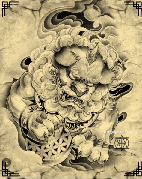 Fudog Tattoo Japanese, Foodog Tattoo Japanese, Perro Fu Tattoo, Japanese Fu Dog Tattoo Design, Japanese Foo Dog Tattoo Design, Japanese Foo Dog, Foo Dog Tattoo Design, Japanese Leg Tattoo, Temple Tattoo