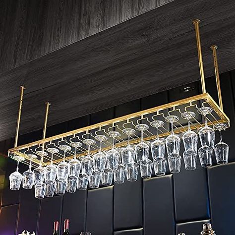 Bar Glass Holder, Ceiling Wine Glass Rack, Bar Rack Design, Glass Hanger Bar, Hanging Wine Glass Rack Bar, Glass Racks Shelves, Bar Rack Ideas, Bar Glasses Display, Bar Glass Storage