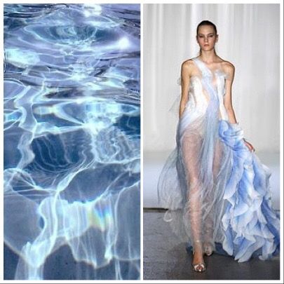 Dress That Looks Like Water, Water Inspired Fashion, Water Inspired Dress, Water Inspired Outfits, Ocean Inspired Dress, Ocean Inspired Fashion, Water Outfit, Sea Inspired Fashion, Water Clothes