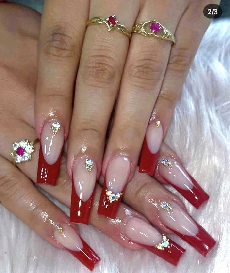 Red Nail Inspo Acrylic With Gems, Red French Tip Nails Square With Gems, Dark Red French Tip Nails With Gems, Red French Tip Acrylic Nails With Rhinestones, Simple Red Quince Nails, Nail Ideas Y2k Red, Red French Tip Acrylic Nails With Gems, Cute Red Prom Nails, Red And Silver Quince Nails