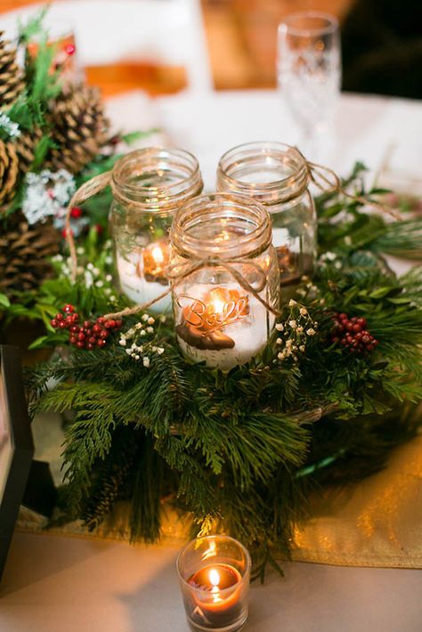 mason jars wedding centerpieces candles in mason jar fir branches winter reception decor tpoz photography Christmas Wedding Table Decorations, Winter Reception, Simple Centerpieces Diy, Christmas Wedding Table, Christmas Wedding Centerpieces, Winter Table Decorations, Winter Centerpiece, Wedding Centerpieces Mason Jars, Winter Wedding Table