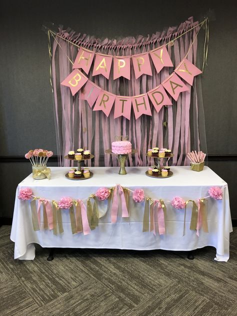 Birthday Decorations On Table, Birthday Gift Table Decor, Gold And Pink Birthday Decorations, Simple Birthday Party Table Decorations, Name Birthday Decoration, Table Cloth Decorations Birthday, How To Decorate A Party Table, Simple Cake Table Decor Birthday Parties, Birthday Table Setup Simple