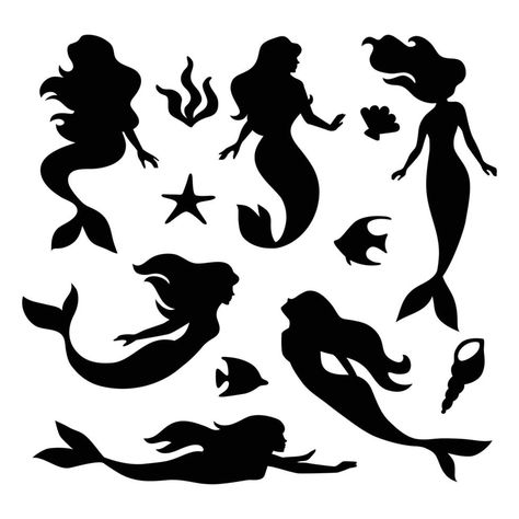 Mermaid Sillouttes, Mermaid Stencils Templates, Mermaid Silhouette Printable, Mermaid Outline, Ariel Drawing, Mermaid Vector, Fantasy Map Making, Mermaid Clipart, Mermaid Crafts