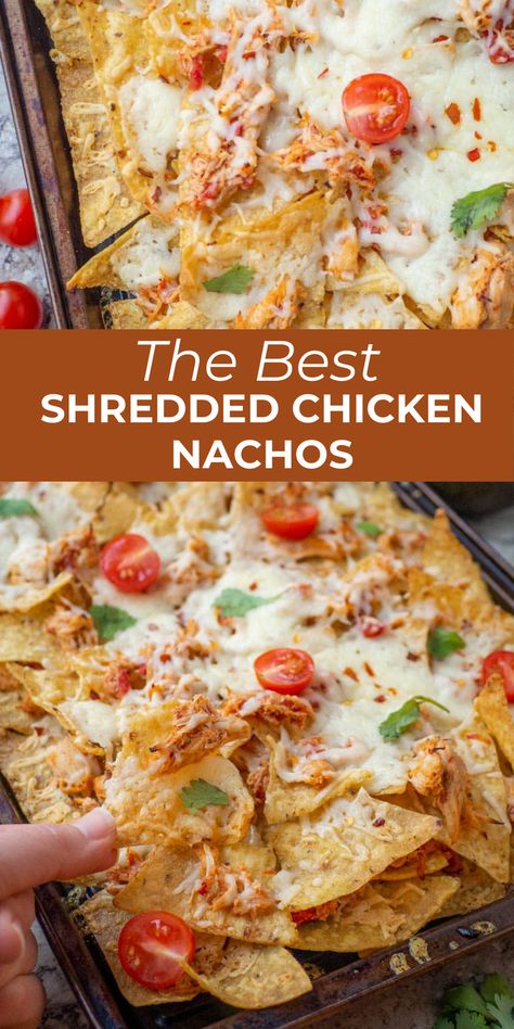 Mexican Chicken Nachos Recipe, Easy Chicken Nachos Sheet Pan, Shredded Taco Chicken Recipes, Chicken Nachos Recipe Crock Pot, Sheet Pan Chicken Nachos Recipe, Homemade Nachos Chicken, Best Chicken Nachos Recipe, Nachos Chicken Recipe, Ideas For Shredded Chicken