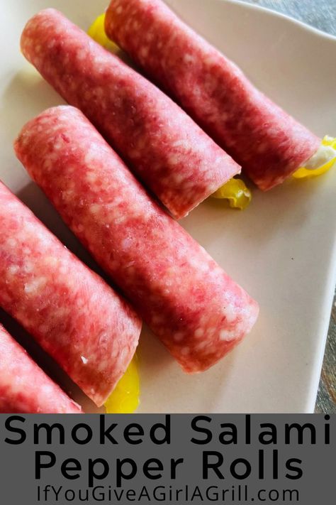 salami rolls ups with peppers Spicy Appetizer Recipes, Salami Cream Cheese, Bacon Wrapped Pickles, Salami Rolls, Smoked Cream Cheese, Hot Chicken Wings, Cream Cheese Roll Up, Bbq Appetizers, Smoked Tomatoes