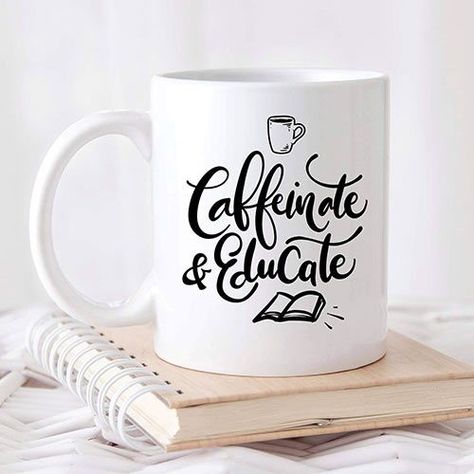 Caffeinate and Educate Funny Teacher Mug #inspirational #motivational #quotes Teacher Sayings For Cups, Teacher Mug Ideas, Teacher Coffee Quotes, Teacher Mug Gift Ideas, Funny Teacher Quotes, Mugs For Teachers, Teacher Cricut, Teacher Presentation, Teacher Mugs