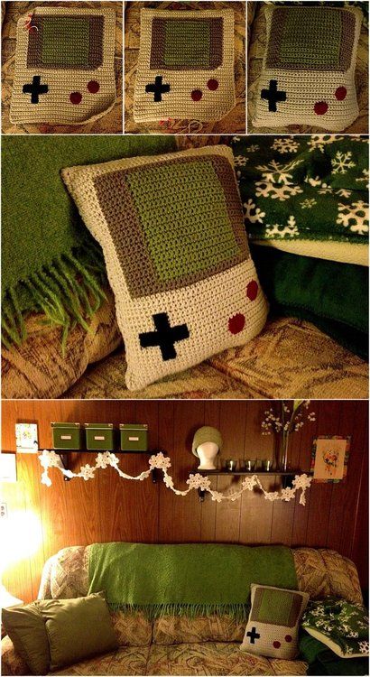 Nerdy Girl Crochet - link no longer working but great inspiration Crochet For Husband, Gamer Crochet Ideas, Crochet Gamer Gifts, Crochet For Gamers, Gamer Crochet, Totoro Crochet, Crocheted Pillows, Pillows And Blankets, Awesome Crochet