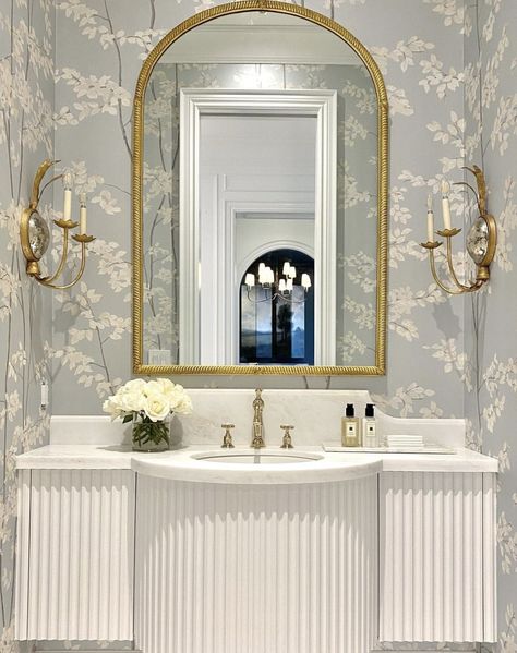 Wallpaper Half Bath, Half Bath Wallpaper, French Style Bathroom, Half Bathroom Decor Ideas, Gold Arch Mirror, Half Bathroom Decor, Timber Frame House, Toile Wallpaper, Arch Mirror