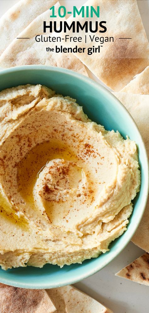 Easy Hummus - The Blender Girl Hummus Recipe Blender, Homemade Hummus Without Tahini, Blended Soups, Vegan Hummus Recipe, Chickpea Water, Red Pepper Hummus Recipe, Creamy Hummus Recipe, Vegan Dip Recipes, Gluten Free Hummus