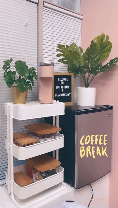 Salon Coffee Bar Ideas Small Spaces, Beauty Salon Snack Bar, Salon Refreshment Bar, Small Room Hair Salon Ideas, Salon Mini Fridge, Lash Room Snack Bar, Salon Drink Station Ideas, Snack Cart Ideas For Salon, Work Mini Fridge