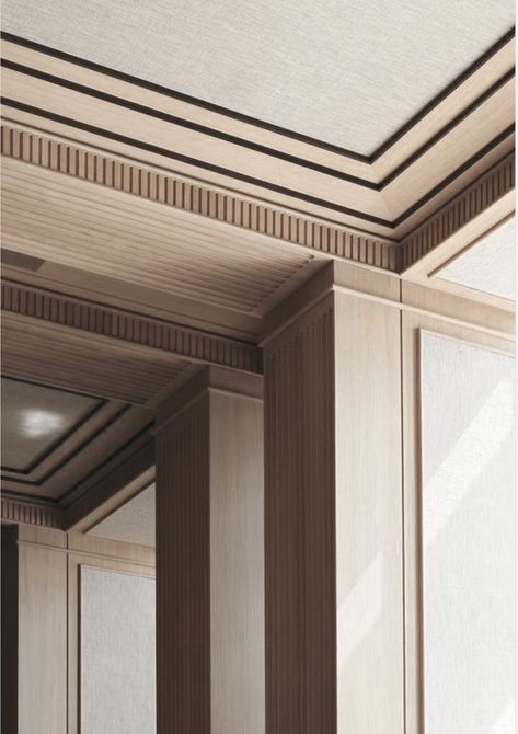 Fluted Ceiling Design, Paneling On Vaulted Ceiling, Wall Molding Detail, Painted Millwork, False Ceiling Moulding Designs, Pop Moulding Design On Ceiling, Neoclassical Ceiling, Parisian Ceiling Moulding, Millwork Details