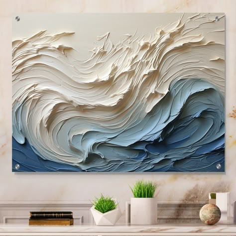 Enhance your space with our exquisite Coastal acrylic wall art. This White acrylic wall decor features vibrant colors and stunning detail, offering a modern touch to any room. 3 D Wall Art, Detailed Painting Ideas, Modern Acrylic Painting, Coastal Accent Wall, Zen Living Room Ideas, Silver Wall Decor, Zen Painting, Acrylic Wall Decor, Blue Artwork