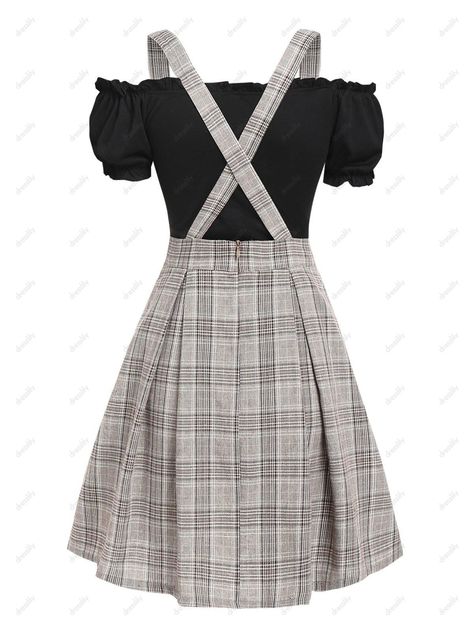 [23% OFF] 2023 Vintage Ruched Off The Shoulder Tee And Crisscross Plaid Suspender Skirt Set In Multicolor | DressLily