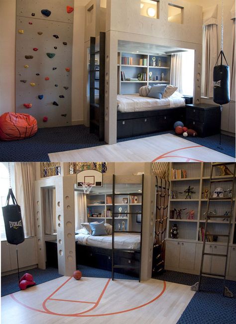 Oh my, look at this teen boy's sports room! Sports Room Boys, Boy Sports Bedroom, Cool Bedrooms For Boys, Kids Sports Room, Kids Bedroom Boys, Ideas Habitaciones, Ball Room, Sport Bedroom