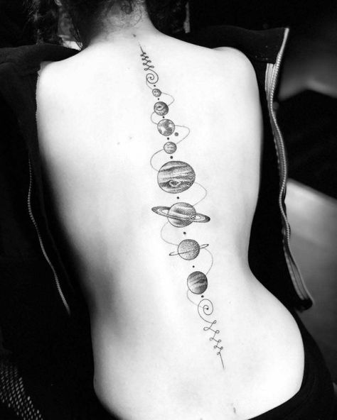 spine tattoo planets of solar system Planets On Spine Tattoo, Planets Spine Tattoo, Tattoo Planets, Planets Tattoo, Planet Tattoo, Solar System Tattoo, Tato Minimal, Planet Tattoos, Tattoo Trend