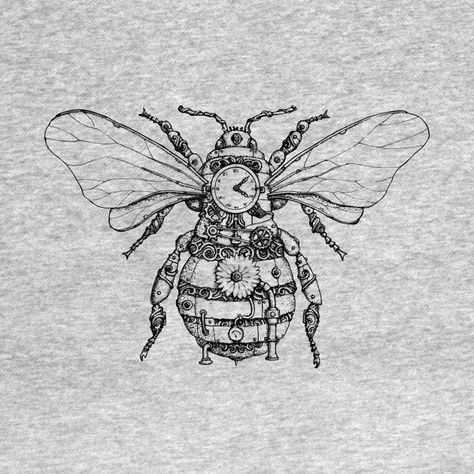 Steampunk Bee Tattoo, Steampunk Bee, Pocket Watch Drawing, Jack Tattoo, Watch Drawing, Bookish Tattoos, Bee Tattoo, Bee Print, Steampunk Design