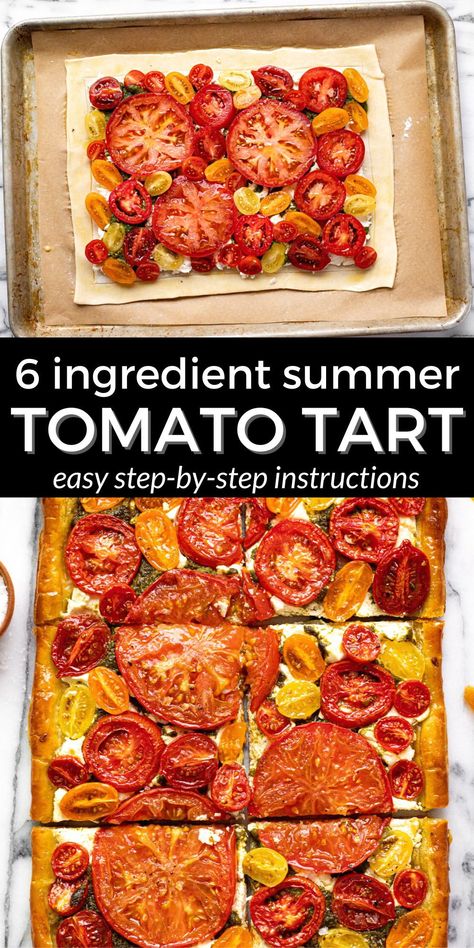 This puff pastry tomato tart takes just 10 minutes to prep with only 6 ingredients and is the perfect easy appetizer or simple summer dinner to showcase all those ripe, juicy tomatoes you've picked from the garden! Frozen puff pastry makes this tomato tart a breeze to throw together! Rustic Tomato Tart, Summer Time Appetizers, Puff Pastry Tomato, Tomato Tart Puff Pastry, Tomato Tart Recipe, Night Recipes, Puff Pastry Tart, Tomato Tart, Tomato Pie