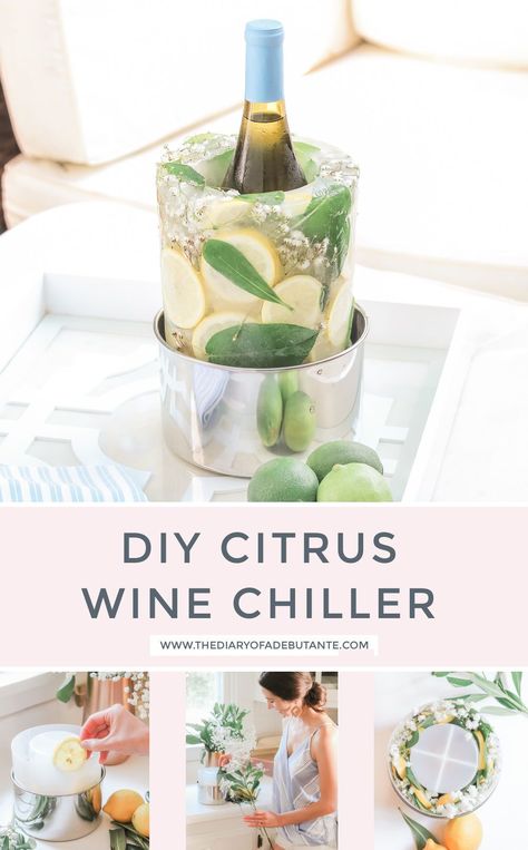 This DIY citrus wine chiller is gorgeous and perfect for keeping wine and Champagne chilled at summer parties! It's made with a Laura Ashley ice bucket mold, too, so you can customize yours for the season or for whatever party or event you're hosting! Click through for tips on how to make your own DIY wine bucket from entertaining and DIY blogger Stephanie Ziajka on Diary of a Debutante! #icebucket #citrus #wine #champagne #summerparties #entertaining #icemold Wine Bucket Ideas, Diy Champagne Cooler, Diy Ice Bucket Ideas, Diy Champagne Ice Bucket, Flower Ice Bucket, Wine Chiller Ideas, Flower Ice Cubes Champagne, Diy Wine Chiller Bucket, Ice Mold For Wine Bottle