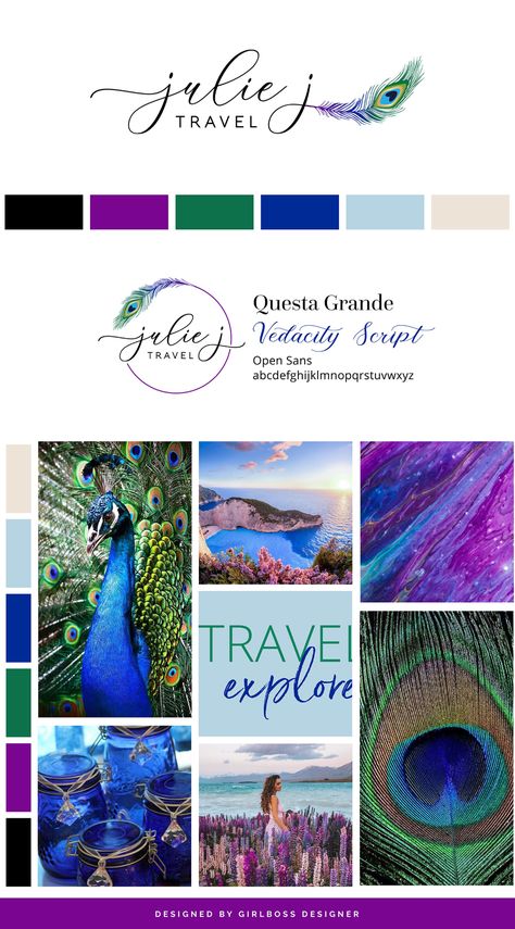 Vibrant Purple, Royal Blue, and Green Branding for Luxury Travel Advisor – julie j Travel - Girlboss Designer Branding Mood Board Inspiration, Branding Checklist, Green Branding, In Flow, Business Branding Inspiration, Travel Advisor, Palette Design, Flow Design, Travel Company